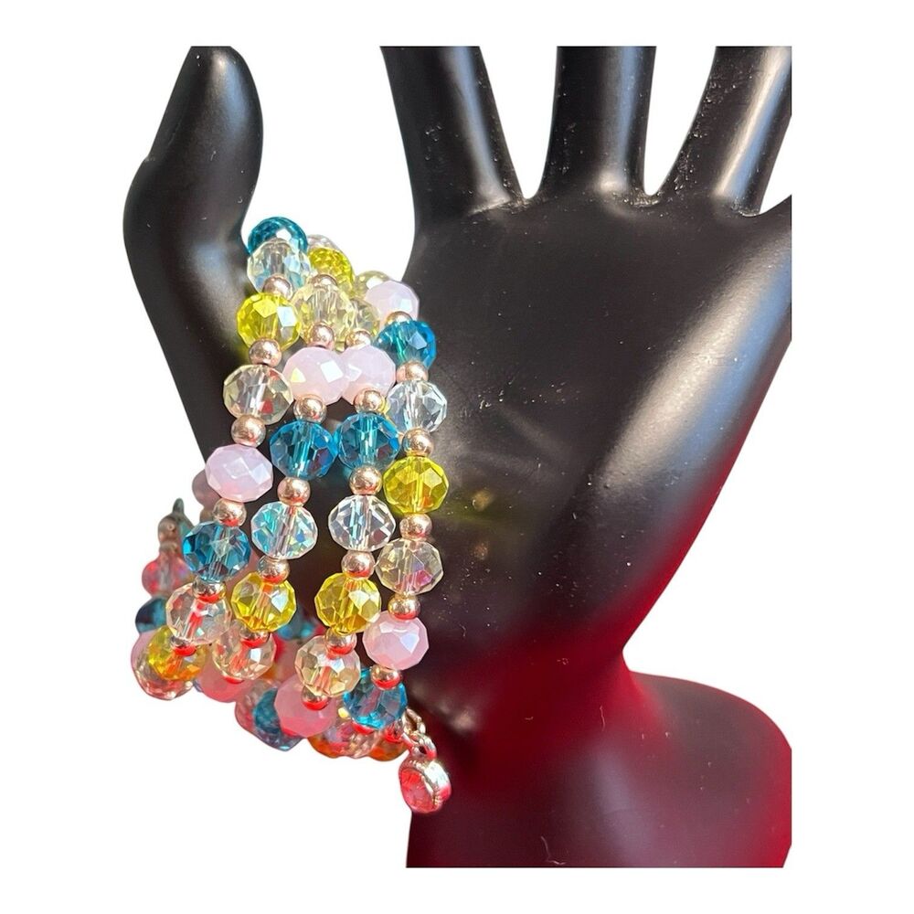 Colorful Wire Wrap Bracelet Faceted Glass Crystal Handmade Four Wraps New
